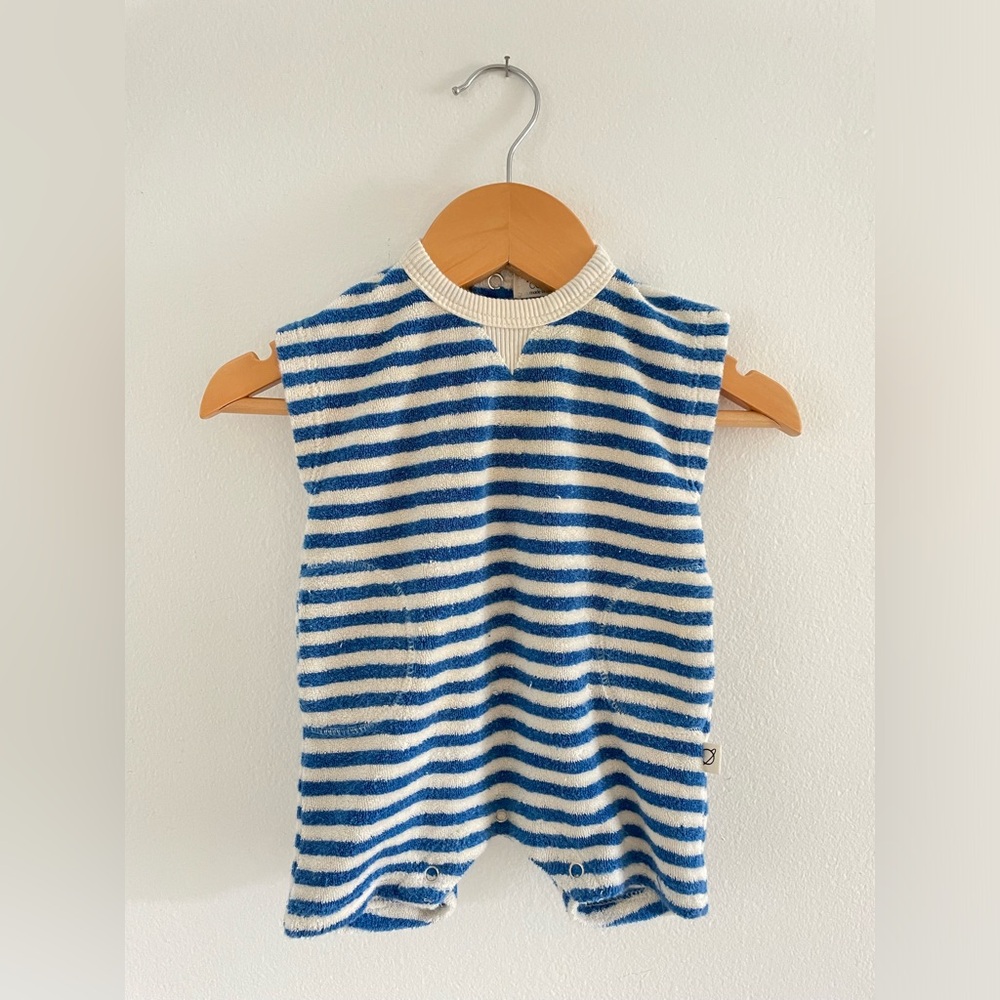 My Little Cozmo Striped Terry Romper Blue White 0-3M Made in Spain